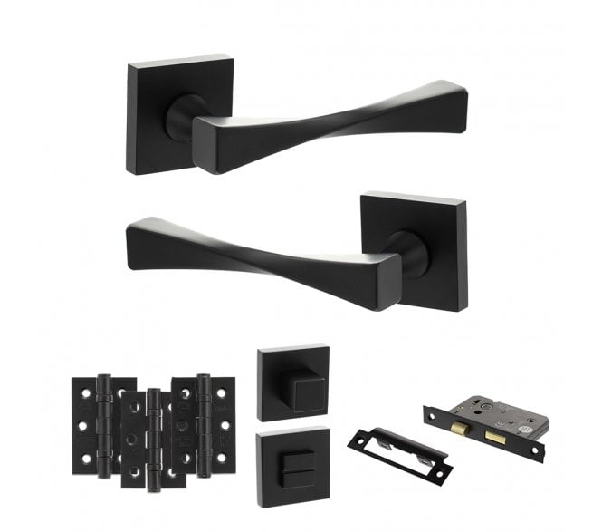 Senza Pari Guido Door Handle Bathrom Pack (3 Ball Bearing Hinges x3) - Matt Black