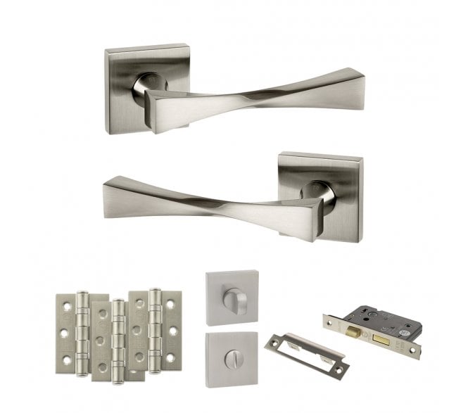 Senza Pari Guido Door Handle Bathrom Pack (3 Ball Bearing Hinges x3) - Satin Nickel