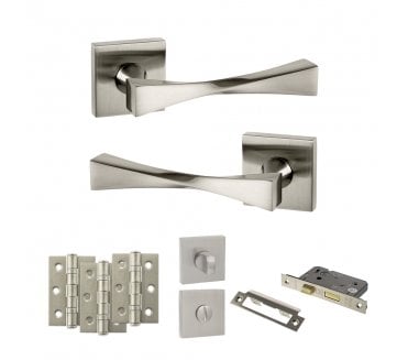 Senza Pari Guido Door Handle Bathrom Pack (3 Ball Bearing Hinges x3) - Satin Nickel