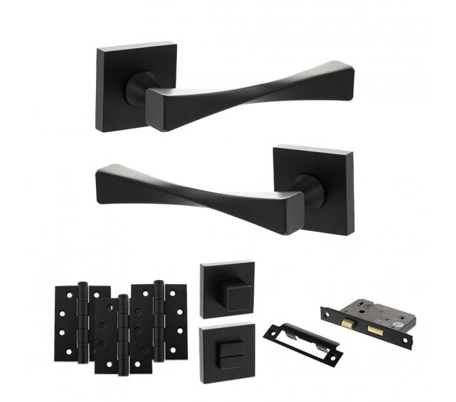 Senza Pari Guido Door Handle Bathroom Pack (4 Fire Rated Hinges x3) - Matt Black