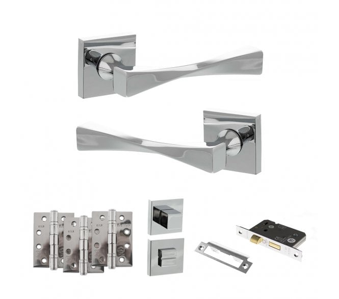 Senza Pari Guido Door Handle Bathroom Pack (4 Fire Rated Hinges x3) - Polished Chrome