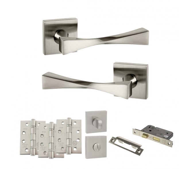 Senza Pari Guido Door Handle Bathroom Pack (4 Fire Rated Hinges x3) - Satin Nickel