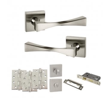 Senza Pari Guido Door Handle Bathroom Pack (4 Fire Rated Hinges x3) - Satin Nickel