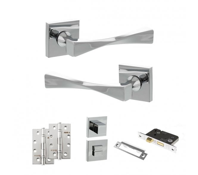 Senza Pari Guido Door Handle Bathroom Pack (4 Slim Knuckle Hinges x2) - Polished Chrome