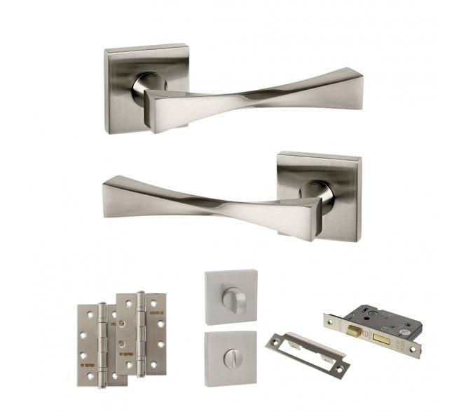 Senza Pari Guido Door Handle Bathroom Pack (4 Slim Knuckle Hinges x2) - Satin Nickel