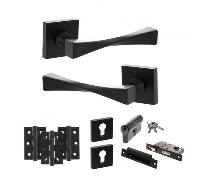 Senza Pari Guido Door Handle Euro Profile Lock Pack (3 Ball Bearing Hinges x3) - Matt Black