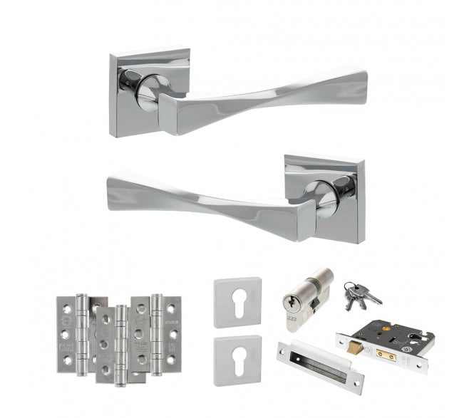 Senza Pari Guido Door Handle Euro Profile Lock Pack (3 Ball Bearing Hinges x3) - Polished Chrome