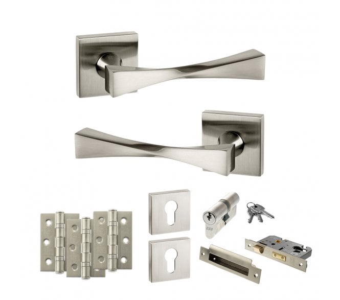Senza Pari Guido Door Handle Euro Profile Lock Pack (3 Ball Bearing Hinges x3) - Satin Nickel