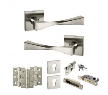 Senza Pari Guido Door Handle Euro Profile Lock Pack (3 Ball Bearing Hinges x3) - Satin Nickel