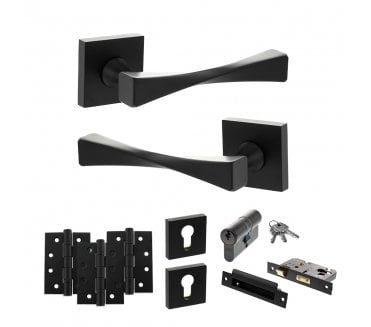 Senza Pari Guido Door Handle Euro Profile Lock Pack (4 Fire Rated Hinges x3) - Matt Black