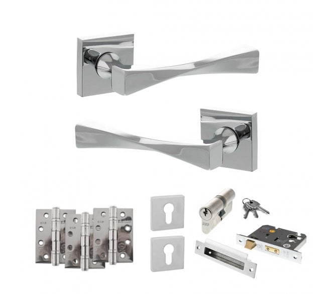 Senza Pari Guido Door Handle Euro Profile Lock Pack (4 Fire Rated Hinges x3) - Polished Chrome