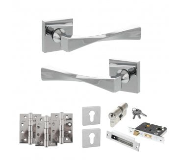 Senza Pari Guido Door Handle Euro Profile Lock Pack (4 Fire Rated Hinges x3) - Polished Chrome
