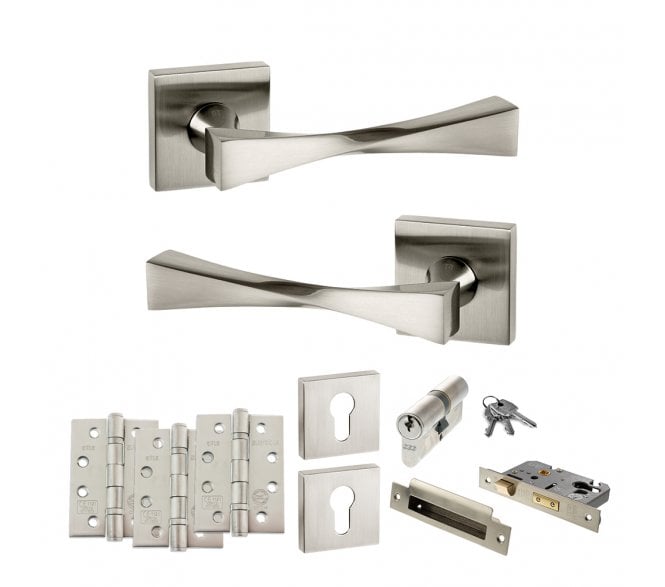 Senza Pari Guido Door Handle Euro Profile Lock Pack (4 Fire Rated Hinges x3) - Satin Nickel