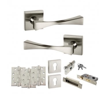 Senza Pari Guido Door Handle Euro Profile Lock Pack (4 Fire Rated Hinges x3) - Satin Nickel