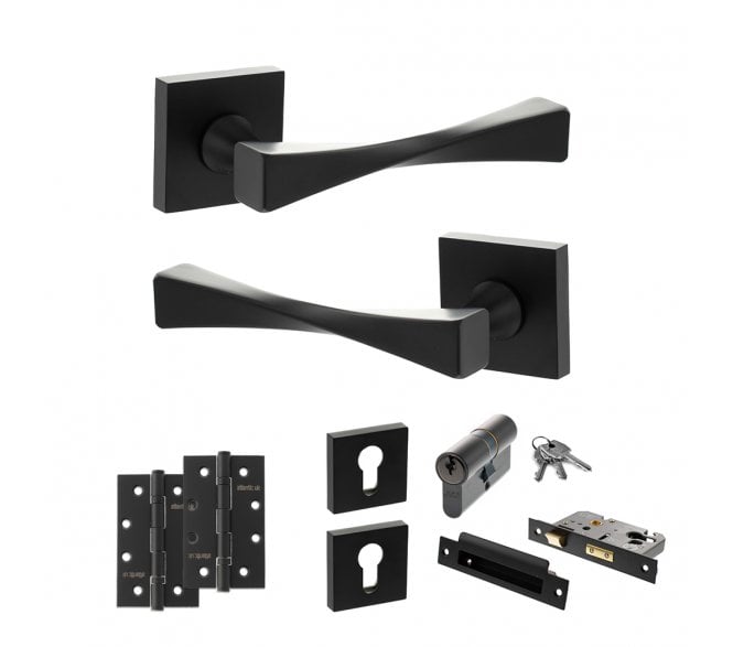 Senza Pari Guido Door Handle Euro Profile Lock Pack (4 Slim Knuckle Hinges x2) - Matt Black