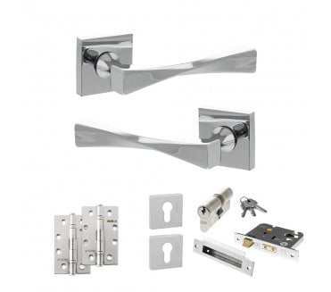 Senza Pari Guido Door Handle Euro Profile Lock Pack (4 Slim Knuckle Hinges x2) - Polished Chrome