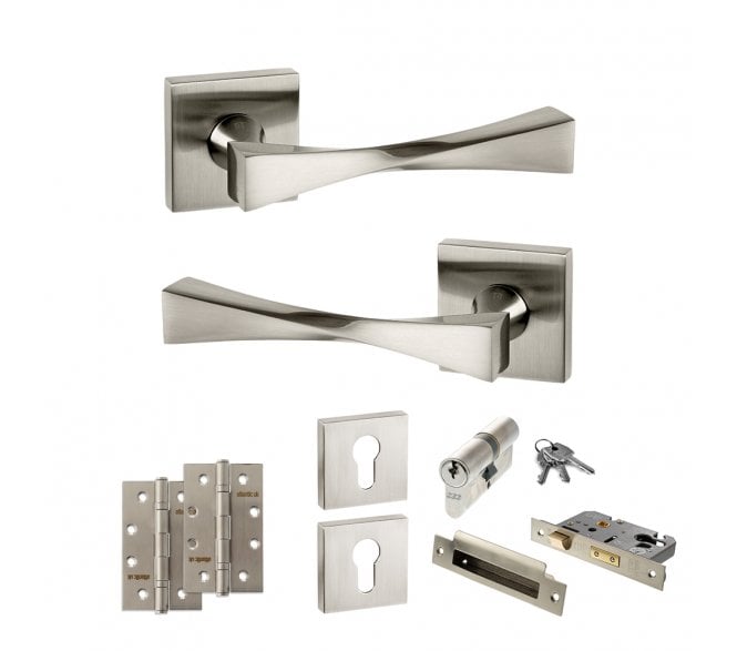Senza Pari Guido Door Handle Euro Profile Lock Pack (4 Slim Knuckle Hinges x2) - Satin Nickel