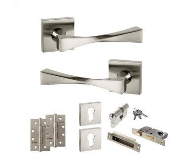 Senza Pari Guido Door Handle Euro Profile Lock Pack (4 Slim Knuckle Hinges x2) - Satin Nickel
