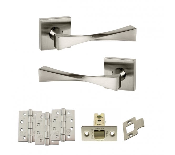 Senza Pari Guido Door Handle Latch Pack (4 Fire Rated Hinges x3) - Satin Nickel