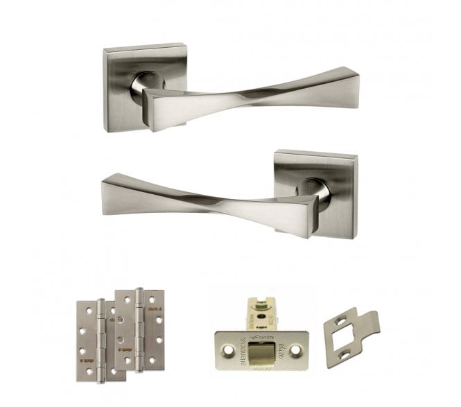 Senza Pari Guido Door Handle Latch Pack (4 Slim Knuckle Hinges x2) - Satin Nickel