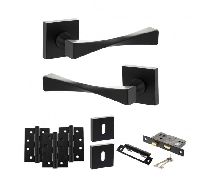 Senza Pari Guido Door Handle Lock Pack (4 Fire Rated Hinges x3) - Matt Black