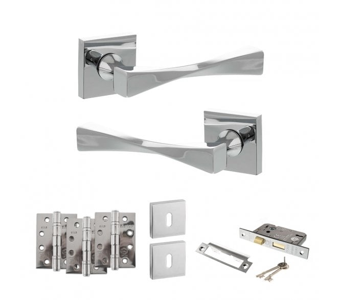Senza Pari Guido Door Handle Lock Pack (4 Fire Rated Hinges x3) - Polished Chrome