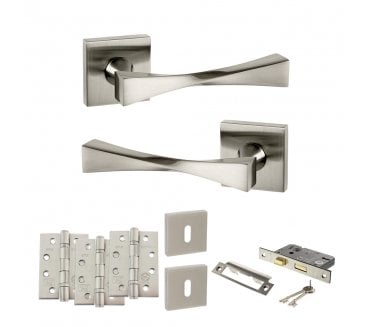 Senza Pari Guido Door Handle Lock Pack (4 Fire Rated Hinges x3) - Satin Nickel