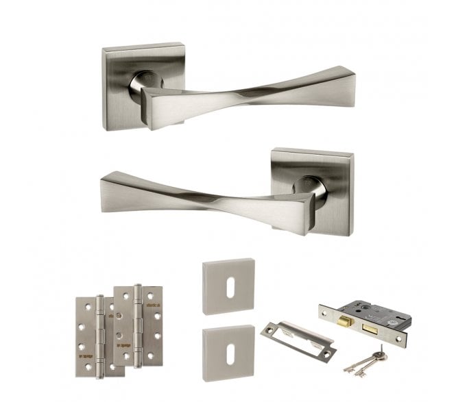 Senza Pari Guido Door Handle Lock Pack (4 Slim Knuckle Hinges x2) - Satin Nickel