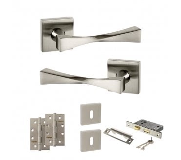 Senza Pari Guido Door Handle Lock Pack (4 Slim Knuckle Hinges x2) - Satin Nickel