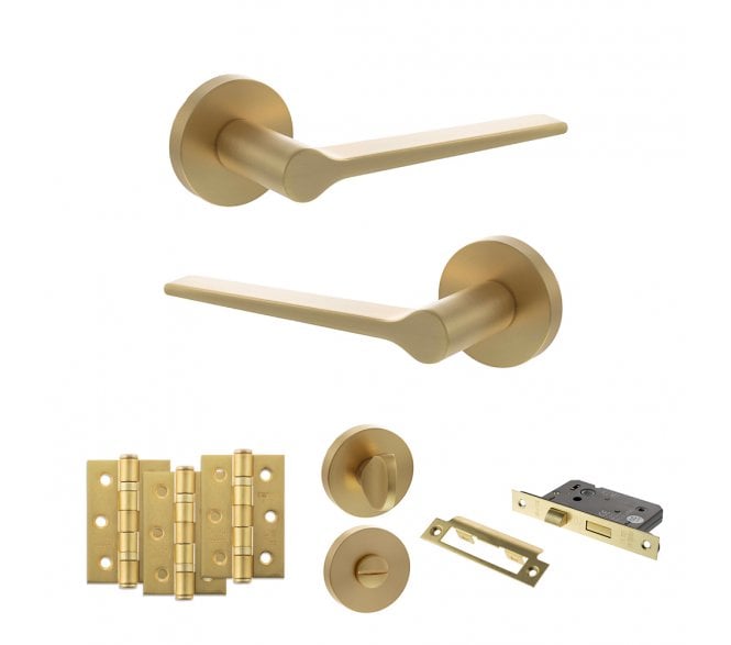 Senza Pari Laviano Door Handle Bathroom Pack (3 Ball Bearing Hinges x3) - Satin Brass