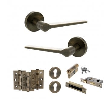 Senza Pari Laviano Door Handle Euro Profile Lock Pack (3 Ball Bearing Hinges x3) - Antique Brass