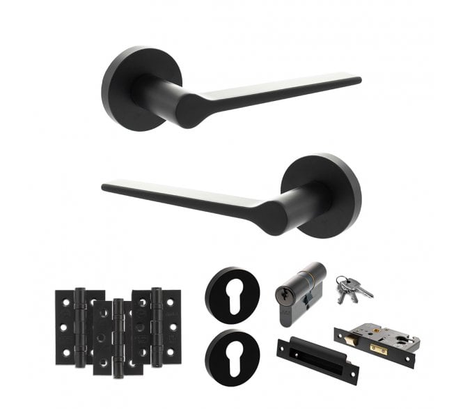 Senza Pari Laviano Door Handle Euro Profile Lock Pack (3 Ball Bearing Hinges x3) - Matt Black