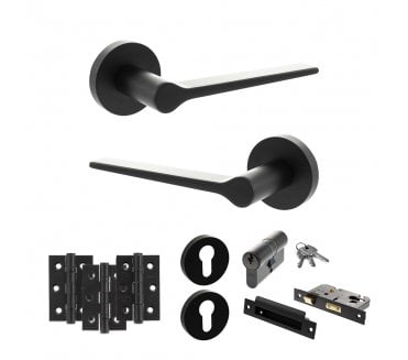 Senza Pari Laviano Door Handle Euro Profile Lock Pack (3 Ball Bearing Hinges x3) - Matt Black