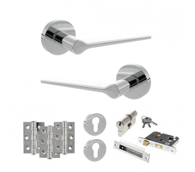 Senza Pari Laviano Door Handle Euro Profile Lock Pack (3 Ball Bearing Hinges x3) - Polished Chrome