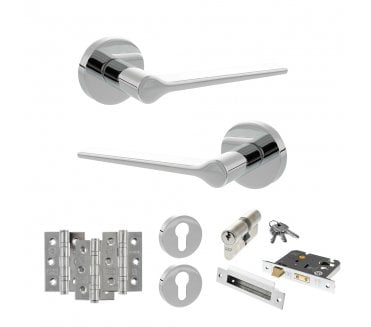 Senza Pari Laviano Door Handle Euro Profile Lock Pack (3 Ball Bearing Hinges x3) - Polished Chrome