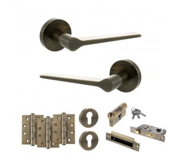 Senza Pari Laviano Door Handle Euro Profile Lock Pack (4 Fire Rated Hinges x3) - Antique Brass