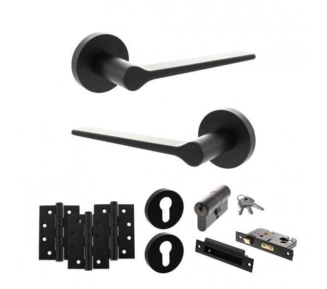Senza Pari Laviano Door Handle Euro Profile Lock Pack (4 Fire Rated Hinges x3) - Matt Black