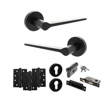 Senza Pari Laviano Door Handle Euro Profile Lock Pack (4 Fire Rated Hinges x3) - Matt Black