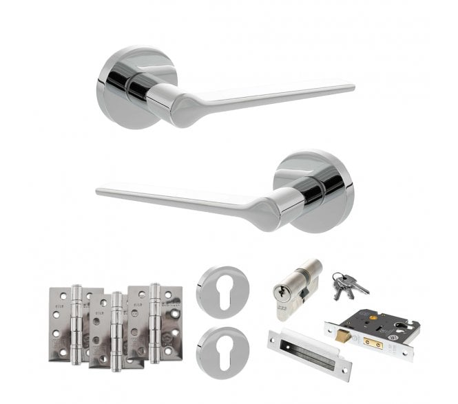 Senza Pari Laviano Door Handle Euro Profile Lock Pack (4 Fire Rated Hinges x3) - Polished Chrome