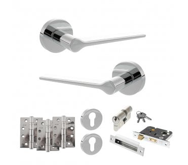 Senza Pari Laviano Door Handle Euro Profile Lock Pack (4 Fire Rated Hinges x3) - Polished Chrome