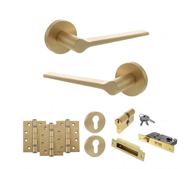 Senza Pari Laviano Door Handle Euro Profile Lock Pack (4 Fire Rated Hinges x3) - Satin Brass
