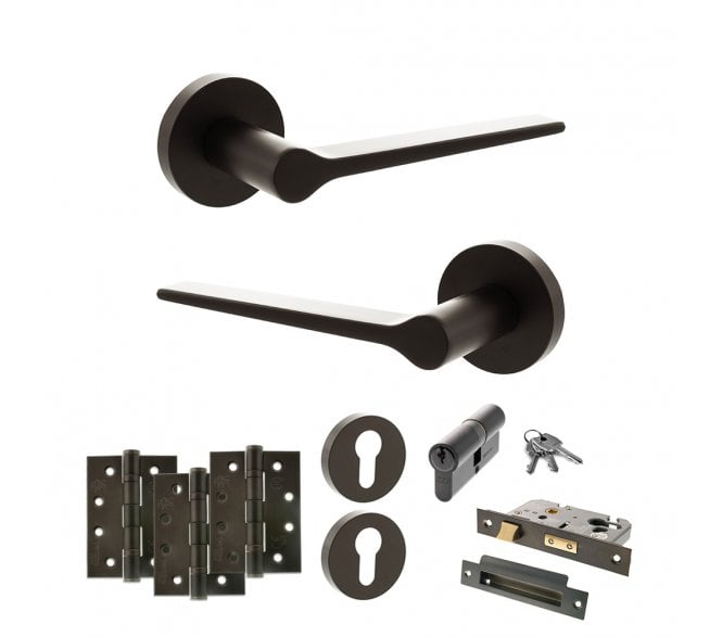 Senza Pari Laviano Door Handle Euro Profile Lock Pack (4 Fire Rated Hinges x3) - Urban Dark Bronze