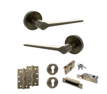 Senza Pari Laviano Door Handle Euro Profile Lock Pack (4 Slim Knuckle Hinges x2) - Antique Brass
