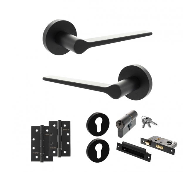 Senza Pari Laviano Door Handle Euro Profile Lock Pack (4 Slim Knuckle Hinges x2) - Matt Black