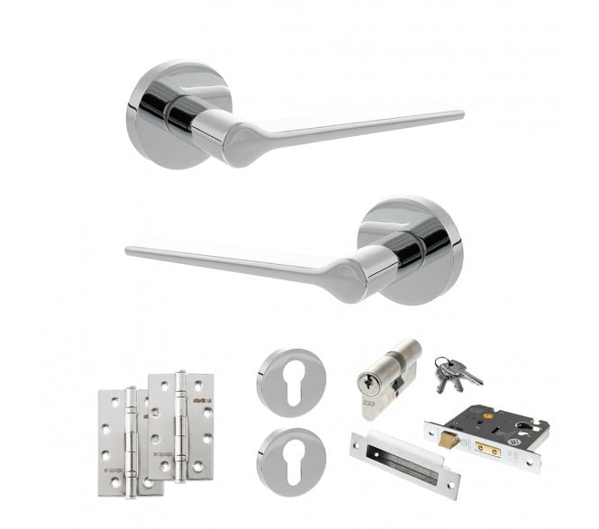 Senza Pari Laviano Door Handle Euro Profile Lock Pack (4 Slim Knuckle Hinges x2) - Polished Chrome