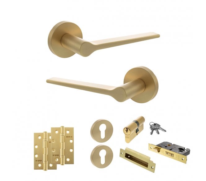 Senza Pari Laviano Door Handle Euro Profile Lock Pack (4 Slim Knuckle Hinges x2) - Satin Brass