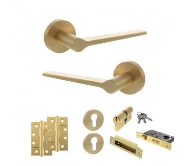 Senza Pari Laviano Door Handle Euro Profile Lock Pack (4 Slim Knuckle Hinges x2) - Satin Brass