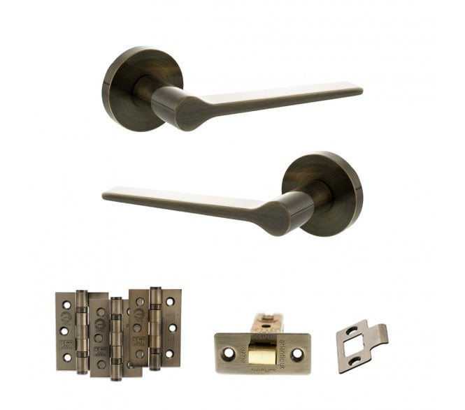Senza Pari Laviano Door Handle Latch Pack (3 Ball Bearing Hinges x3) - Antique Brass