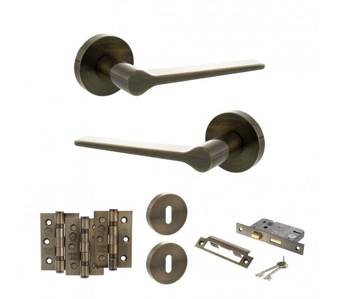 Senza Pari Laviano Door Handle Lock Pack (3 Ball Bearing Hinges x3) - Antique Brass
