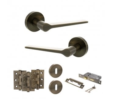 Senza Pari Laviano Door Handle Lock Pack (3 Ball Bearing Hinges x3) - Antique Brass